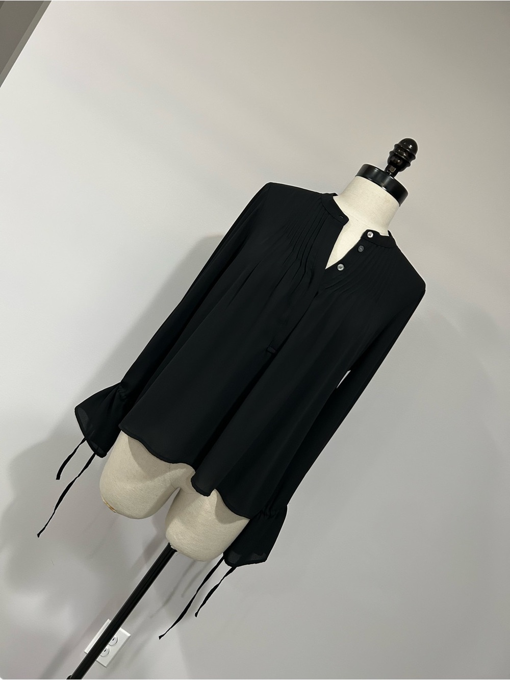 J. Crew Black Long-Sleeve Pintuck V-Neck Blouse